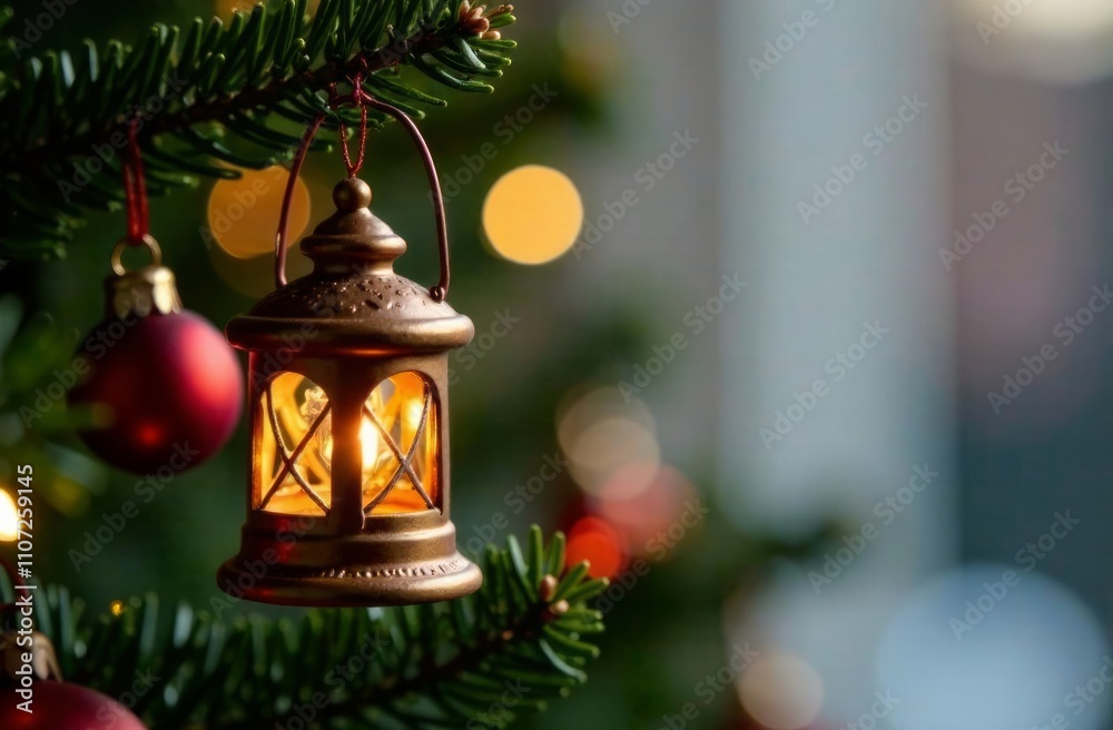 Bronze Lantern with light inside hanging on Christmas tree, blur festive background, Copy space. Concept: New Year, holiday celebrations, creative Christmas tree decoration Bronze Lantern with light inside hanging on Christmas tree, blur festive background, Copy space. Concept: New Year, holiday celebrations, creative Christmas tree decoration