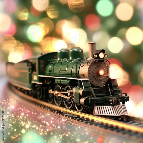 Festive model train on tracks with bokeh lights.