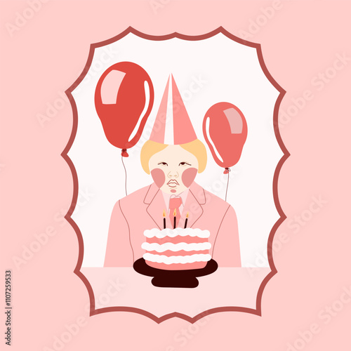 A sad little girl is celebrating her birthday. Vector illustration