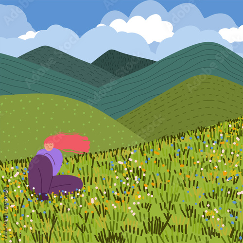 A beautiful woman sits in the mountains. Vector illustration