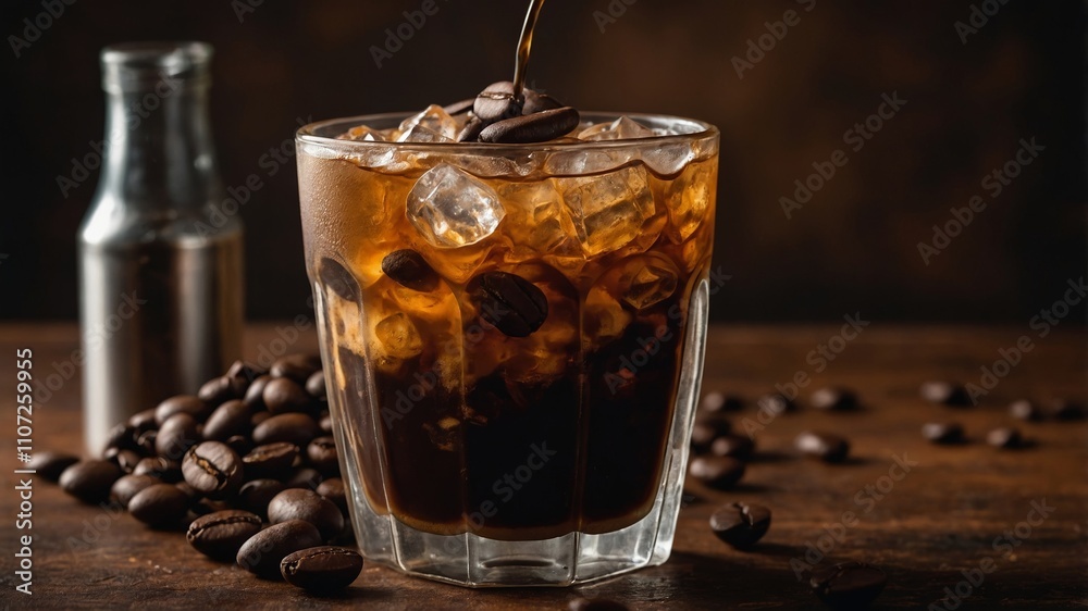 Iced coffee with beans on brown surface Iced coffee with beans on brown surface