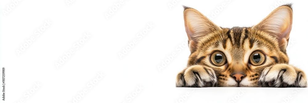 Obraz premium A curious cat peeks over a surface, showcasing its large eyes and playful demeanor.