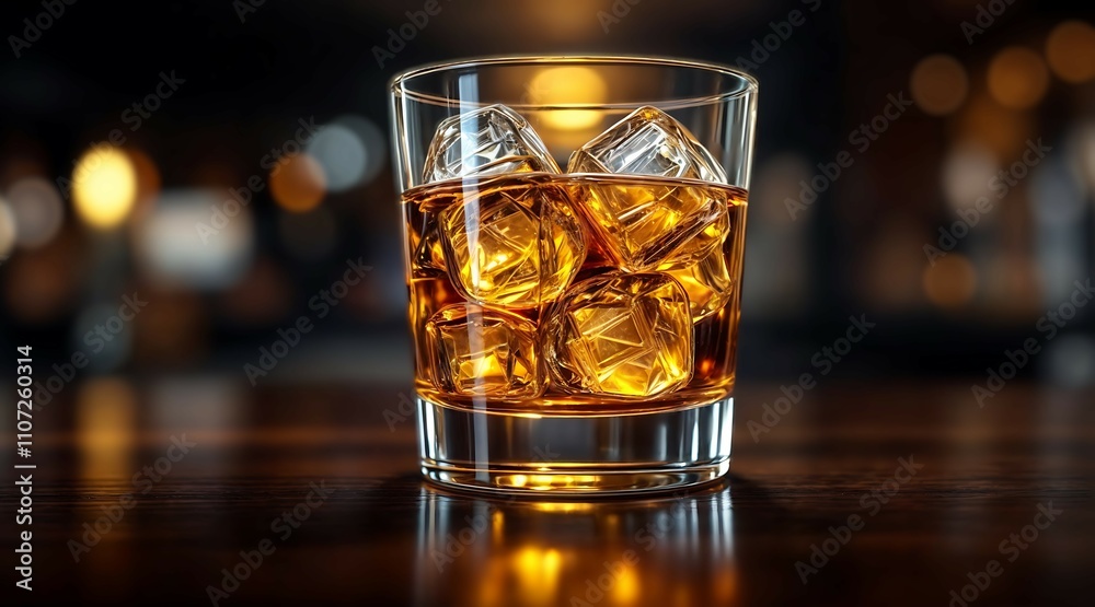 Glass of Whiskey with Ice on Wooden table, Symbolizing Alcohol and Nightlife Glass of Whiskey with Ice on Wooden table, Symbolizing Alcohol and Nightlife