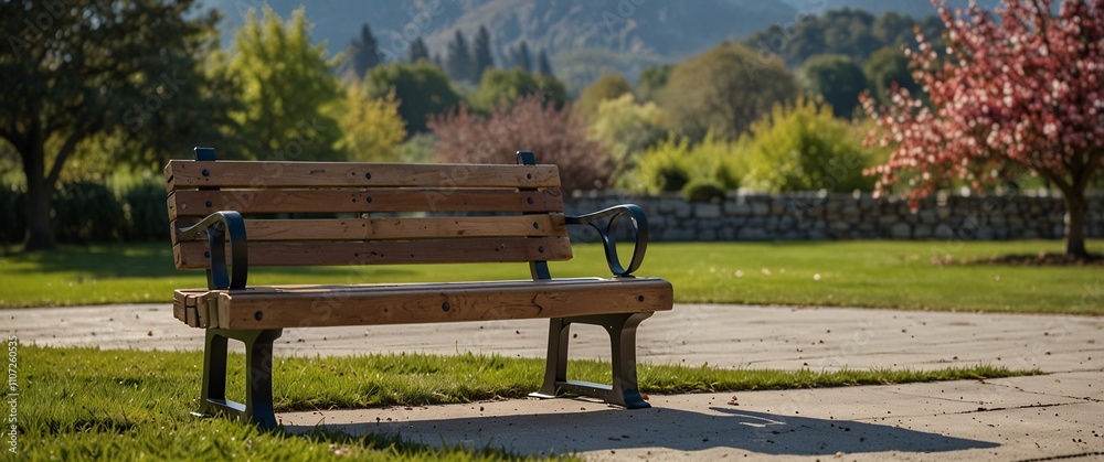 Serene Park Bench: A weathered wooden bench stands invitingly in a peaceful park setting, with lush greenery, a stone wall, and distant mountains creating a tranquil backdrop. Serene Park Bench: A weathered wooden bench stands invitingly in a peaceful park setting, with lush greenery, a stone wall, and distant mountains creating a tranquil backdrop.