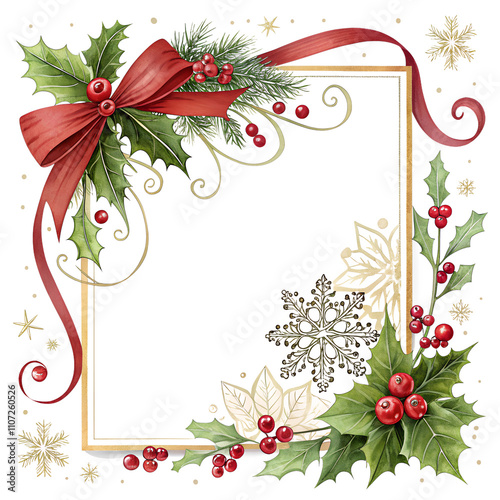 Festive Christmas Card Frame with Holly, Red Bow, and Gold Snowflakes on Transparent PNG Background