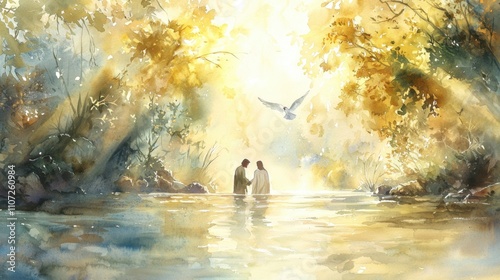 Watercolor painting depicting Jesus being baptized by John the Baptist in the Jordan River. A dove descends from the sky and the scene is bathed in soft golden light.