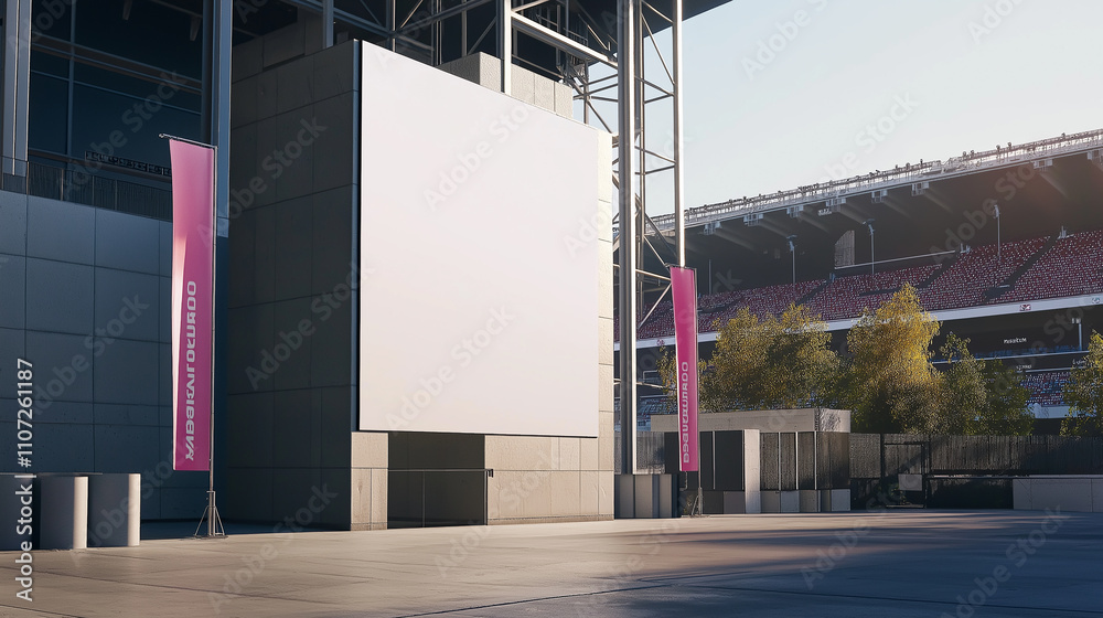 Fototapeta premium Tall blank panel near a stadium entrance, with event banners flanking the area