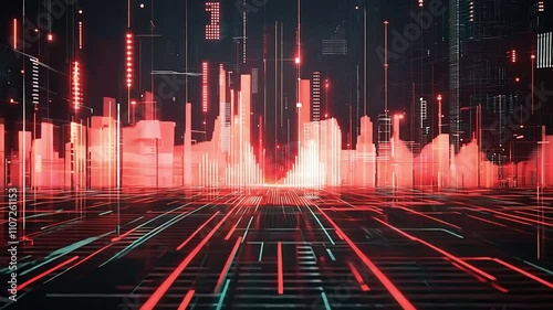 Abstract digital cityscape with glowing red lines and data streams