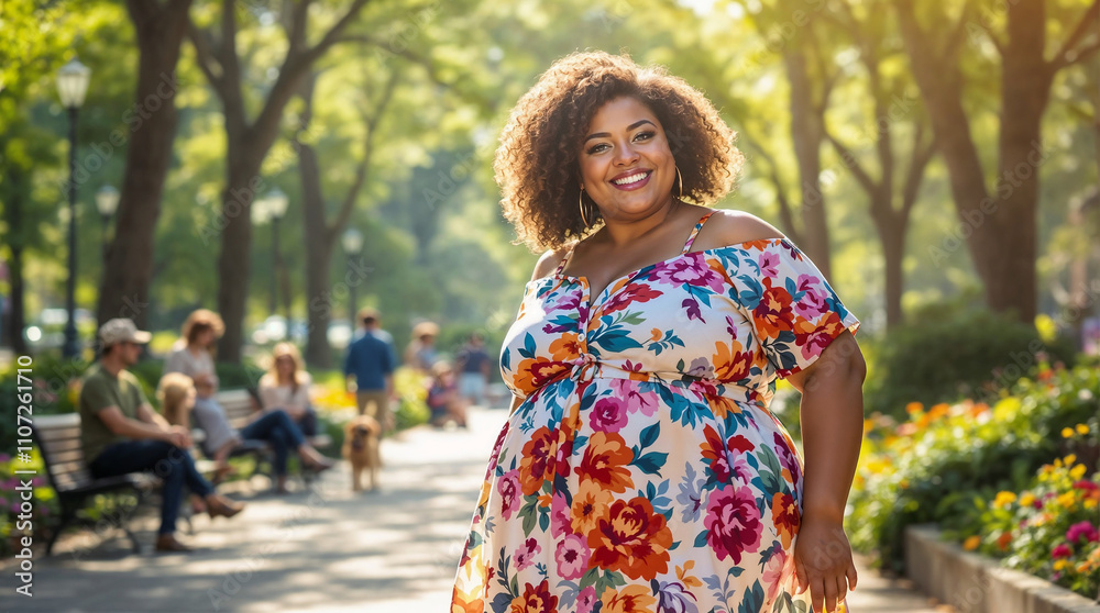 Plus-sized woman smiling in floral dress outdoors during a sunny day in the park Plus-sized woman smiling in floral dress outdoors during a sunny day in the park