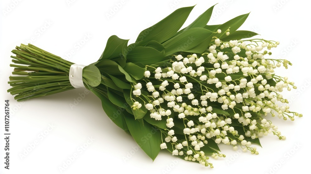 Obraz premium A bouquet of lilies of the valley, with long, pointed leaves and small, clustered, white flowers, tied with a ribbon, on a plain white background.