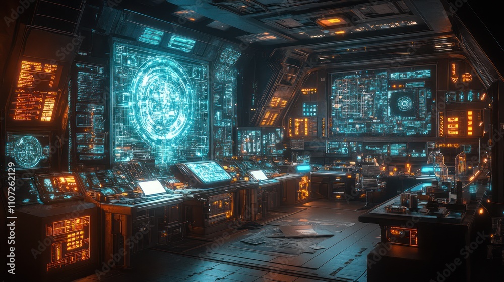 Futuristic spaceship bridge interior with glowing screens and consoles. Futuristic spaceship bridge interior with glowing screens and consoles.