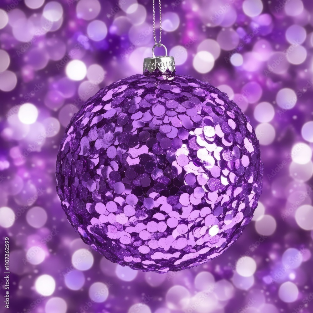Fototapeta premium Purple glitter Christmas ball ornament against bokeh background.