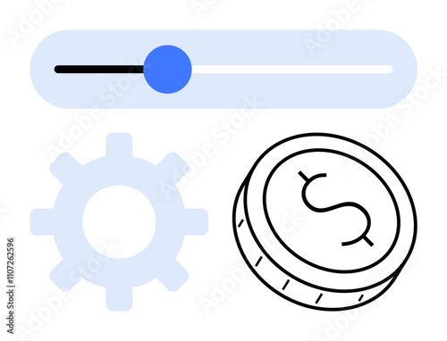 Gear symbolizing settings, slider representing adjustments, and a coin with a dollar sign illustrating finances. Ideal for financial management, budgeting, settings adjustment, business operations
