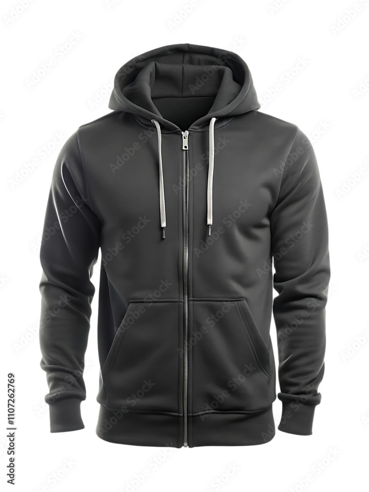 Stylish Black Hoodie with Zipper and Drawstrings isolated on white background as transparent. PNG. AI GENERATED