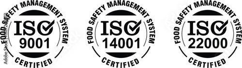 ISO 9001, 14001 and 22000 certified stamp collection - quality management system international standard emblems set - isolated vector sign
