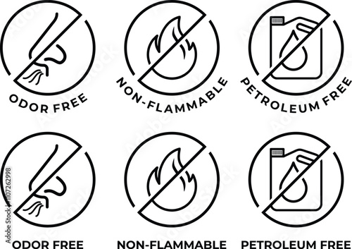 Odor free, Petroleum free, Non-flammable flat icons set for labeling of cleaning agent or other household chemicals