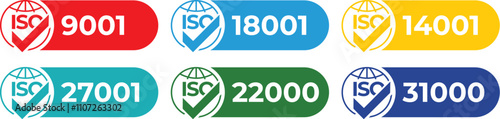 Set of International Organization for Standardization stamp 27001, 22000, 18001, 9001, 14001. Set of popular standards ISO. Management system certified sign. Vector illustration