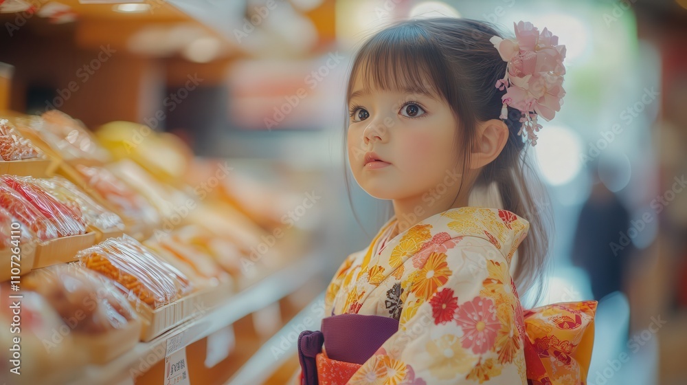 image of a young girl dressed in a traditional kimono, eagerly picking traditional Japanese snacks. image of a young girl dressed in a traditional kimono, eagerly picking traditional Japanese snacks.