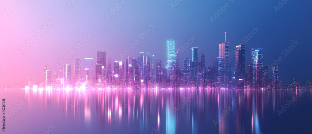 Fototapeta premium Futuristic Cityscape at Night: Neon Lights Reflecting on Calm Water