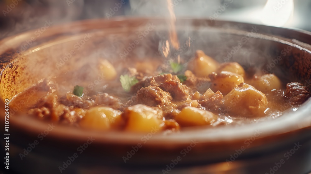 image showcasing a stew machine in action, filling a sophisticated ceramic dish with rich, aromatic stew. image showcasing a stew machine in action, filling a sophisticated ceramic dish with rich, aromatic stew.