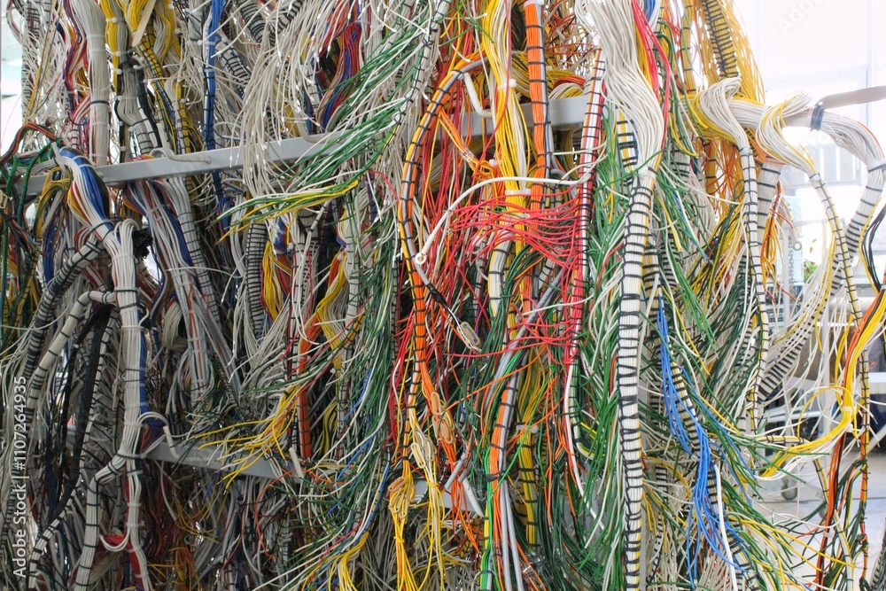 A tangled mass of colorful wires and cables hangs from a metal rack. Sense of complexity and chaos, highlights the intricate nature of modern technology. Data, connectivity and the digital age A tangled mass of colorful wires and cables hangs from a metal rack. Sense of complexity and chaos, highlights the intricate nature of modern technology. Data, connectivity and the digital age