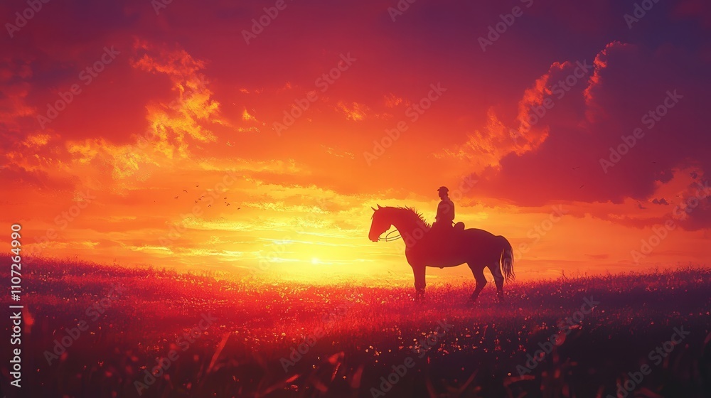 showcasing the silhouette of a horse and rider as they pause against the backdrop of a vibrant sunset. showcasing the silhouette of a horse and rider as they pause against the backdrop of a vibrant sunset.