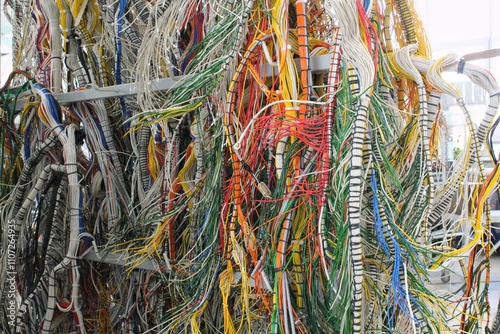 A tangled mass of colorful wires and cables hangs from a metal rack. Sense of complexity and chaos, highlights the intricate nature of modern technology. Data, connectivity and the digital age