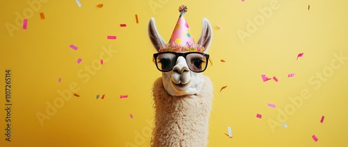 A festive llama wearing sunglasses and a party hat against a bright yellow background.