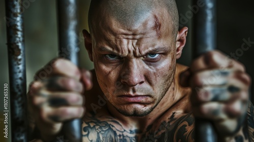 Bald, tattooed man stares intensely through jail bars, gripping them with a look of determination and aggression. Prisoner behind bars. Man who has committed a crime.