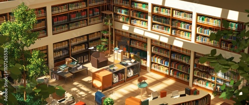 A cozy library filled with books and natural light, designed for reading and study.