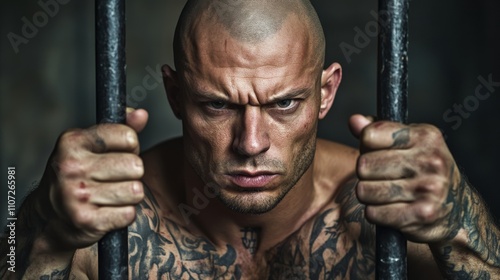 Bald, tattooed man stares intensely through jail bars, gripping them with a look of determination and aggression. Prisoner behind bars. Man who has committed a crime.