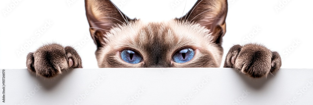Fototapeta premium A curious cat peeking over a white surface with striking blue eyes.