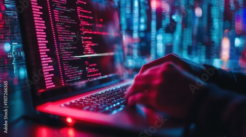 In a dimly lit environment, a hacker's hands swiftly type on a laptop, executing a DDoS attack. Vibrant code reflects on the screen, illustrating the tension of the digital battleground.