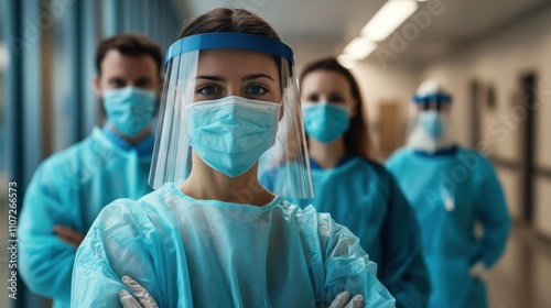 A confident female doctor in protective gear, standing in a hospital with colleagues. Their masks highlight dedication and professionalism in providing essential healthcare services.