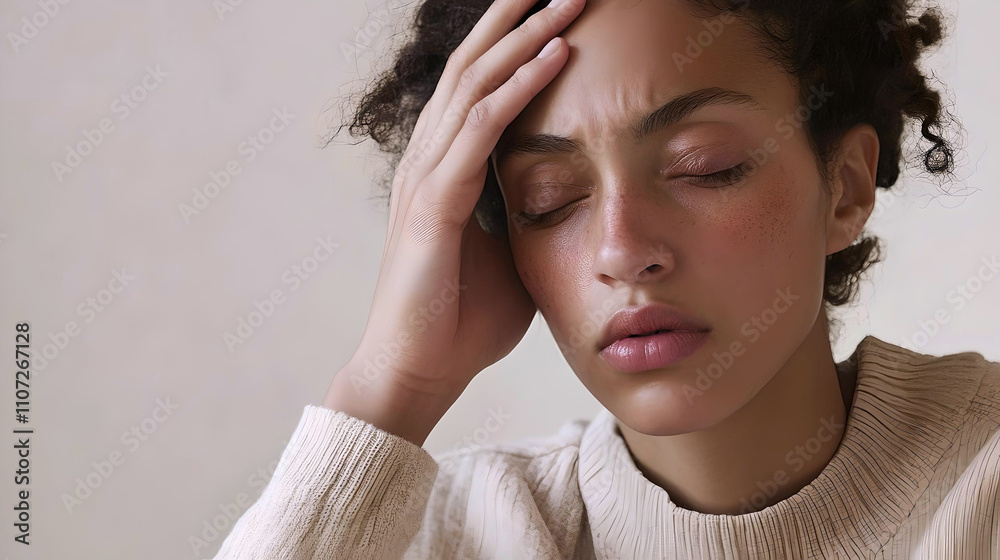 Fototapeta premium Woman holding head in pain indoors 