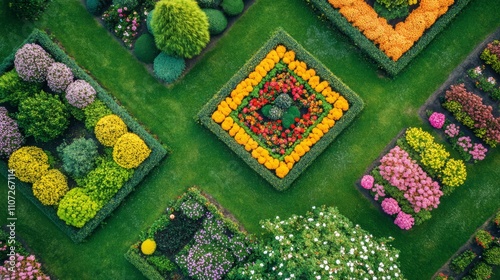 Fototapeta Naklejka Na Ścianę i Meble -  Aerial view of a geometrically designed garden with vibrant flowers and shrubs.