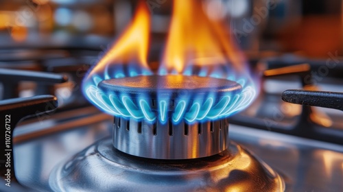 A vibrant blue and orange flame dances atop a gas burner, illuminating the sleek surface of a modern stove.