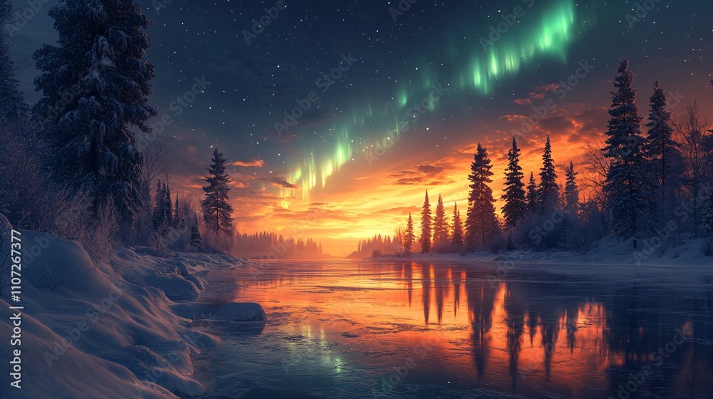 A serene winter landscape featuring a vibrant sunset and aurora borealis reflecting on a calm river, surrounded by snow-covered trees. A serene winter landscape featuring a vibrant sunset and aurora borealis reflecting on a calm river, surrounded by snow-covered trees.