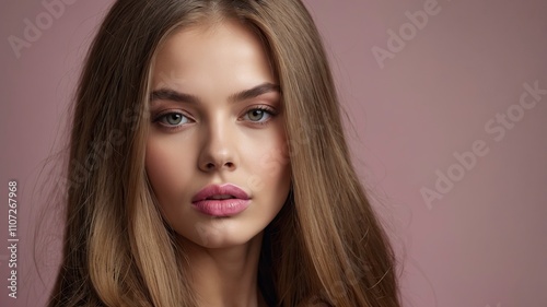 Beautiful young woman with long hair posing on background. Healthy skin and long smooth hair. Pink lips, strands on the face 