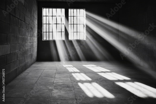 Sun shining through prison window casting shadows on old stone wall