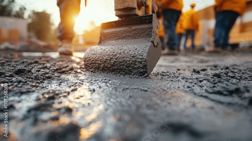 Concrete screed process with vibrating machine, team workers leveling cement, building foundation preparation photo