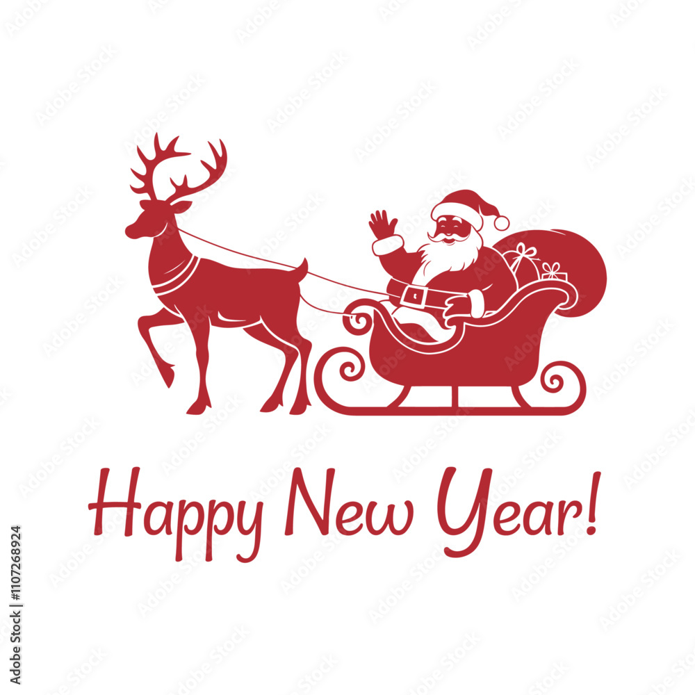 Fototapeta premium New Year Santa Claus with deer, Happy New Year and Merry Christmas vector illustration, Santa Claus with bag of gifts rides in sleigh pulled by a deer