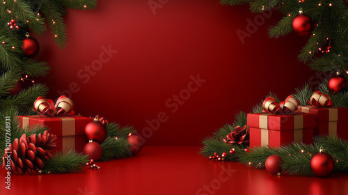 Christmas red podium with blurry shiny lights for branding and packaging presentation 