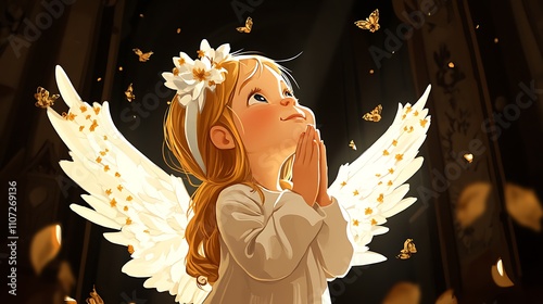 Digital Painting of a Praying Angel Child Amidst Golden Butterflies in a Cathedral AI Generated photo