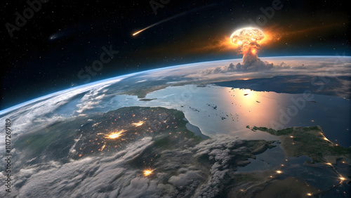 Fototapeta Naklejka Na Ścianę i Meble -  Apocalyptic meteor impact on earth captured in stunning cosmic detail.