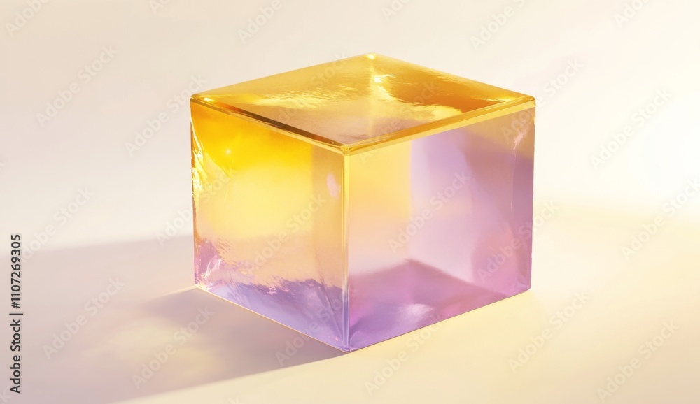 Yellow and Purple Glass Cube on White Background, Isometric View, Ultra-High Detail 32K Resolution Render