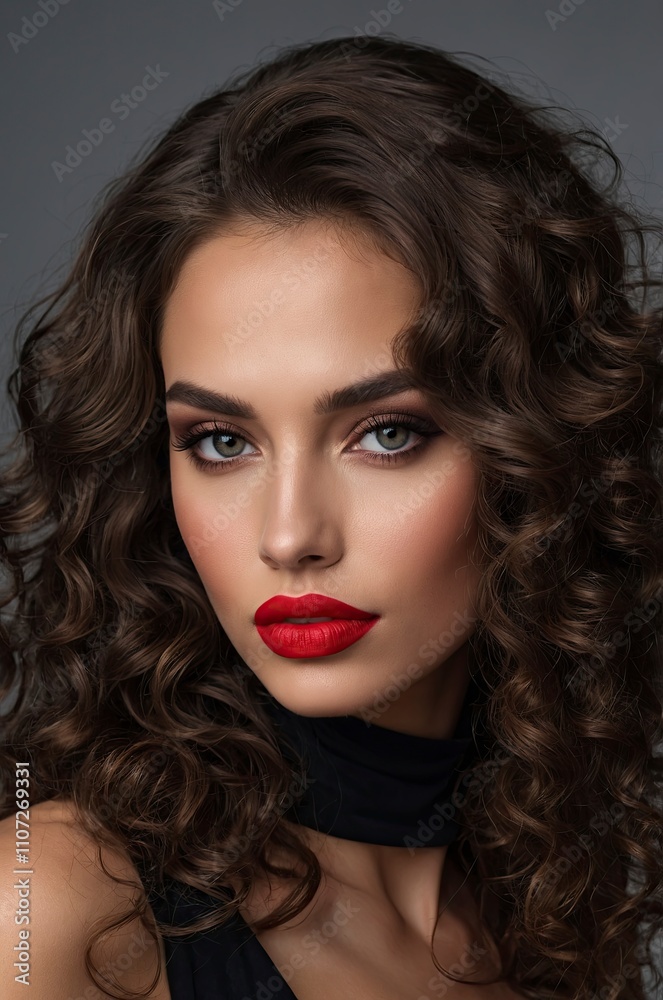 Closeup Face of a beautiful woman with a smoky eye makeup and red lipstick. gorgeous brunette girl with long curly hair. Portrai Closeup Face of a beautiful woman with a smoky eye makeup and red lipstick. gorgeous brunette girl with long curly hair. Portrai