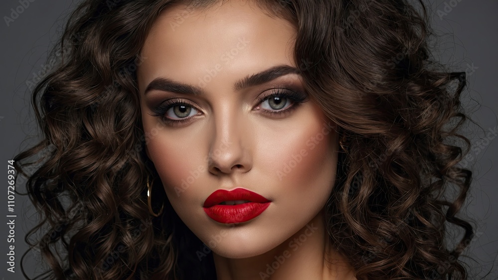 Closeup Face of a beautiful woman with a smoky eye makeup and red lipstick. gorgeous brunette girl with long curly hair. Portrai
