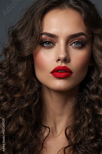 Closeup Face of a beautiful woman with a smoky eye makeup and red lipstick. gorgeous brunette girl with long curly hair. Portrai