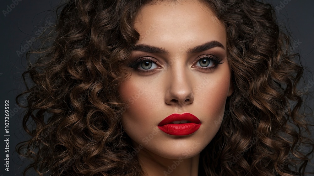 Closeup Face of a beautiful woman with a smoky eye makeup and red lipstick. gorgeous brunette girl with long curly hair. Portrai